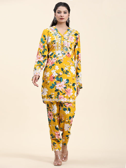 Farheen in Samma Chikankari Co-ord set in Printed Rayon Cotton for Women- Yellow